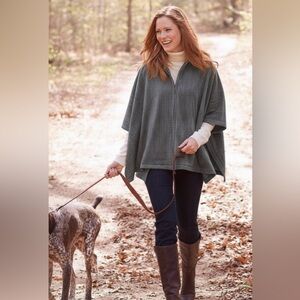L.L. Bean Gray Chevron Herringbone Fleece Zip Up Poncho S Cape Jacket Kimono